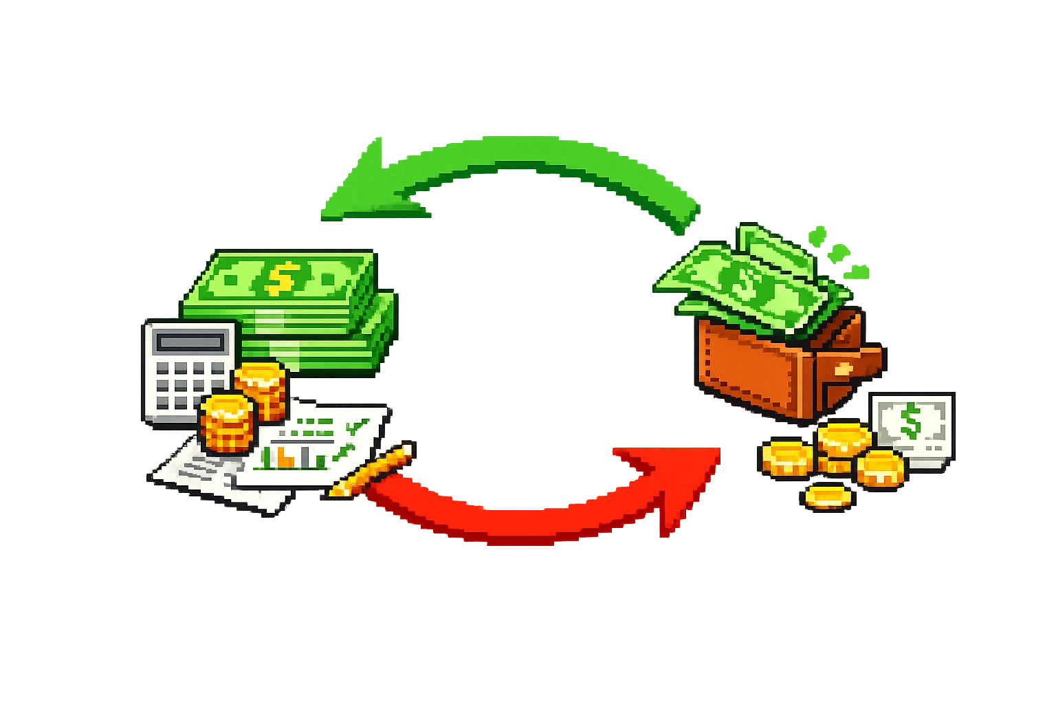 Ilustración pixel art de flujo de caja con entradas y salidas de dinero, representando ingresos, gastos y balance financiero en fintech