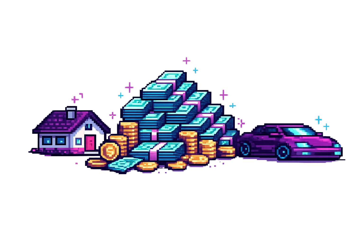 Ilustración pixel art de patrimonio neto con activos financieros: dinero en efectivo, casa y coche representando riqueza personal